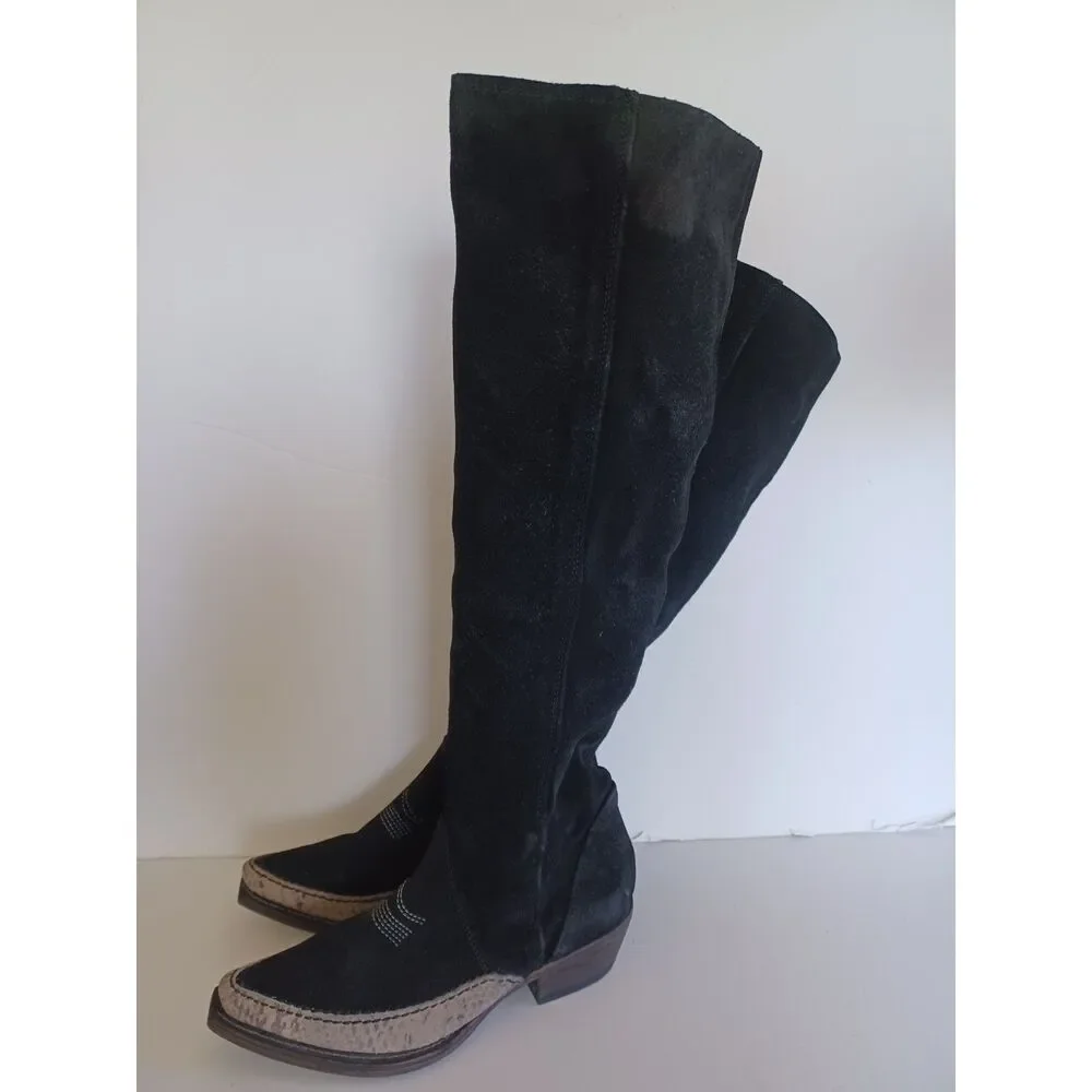 Free People Boho Western Boot Sterling Knee Hi Tall Slouchy Black Suede Euro 38